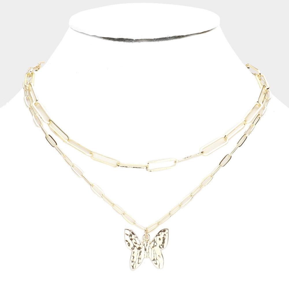 Butterfly Gold Pendant Necklace Double Layered Hammered Metal Big Link Chain